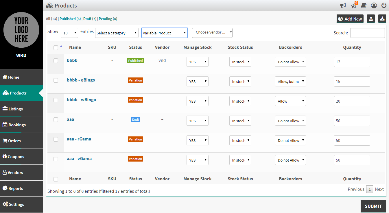 Bulk stock manager screen