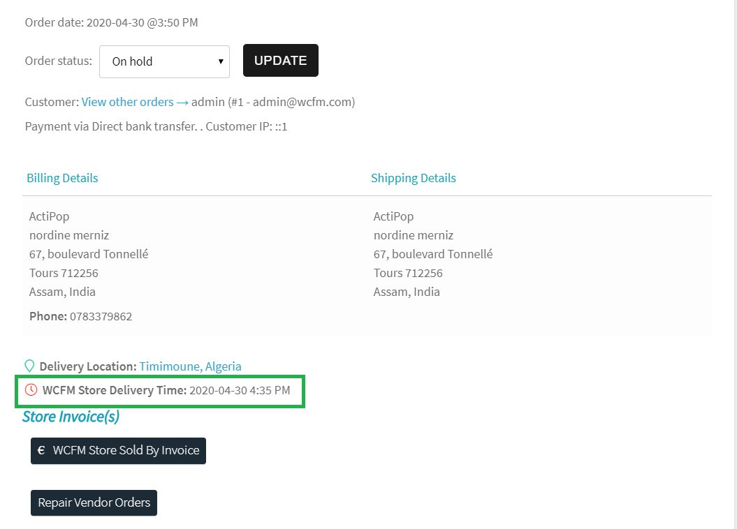 Delivery Time Order Details