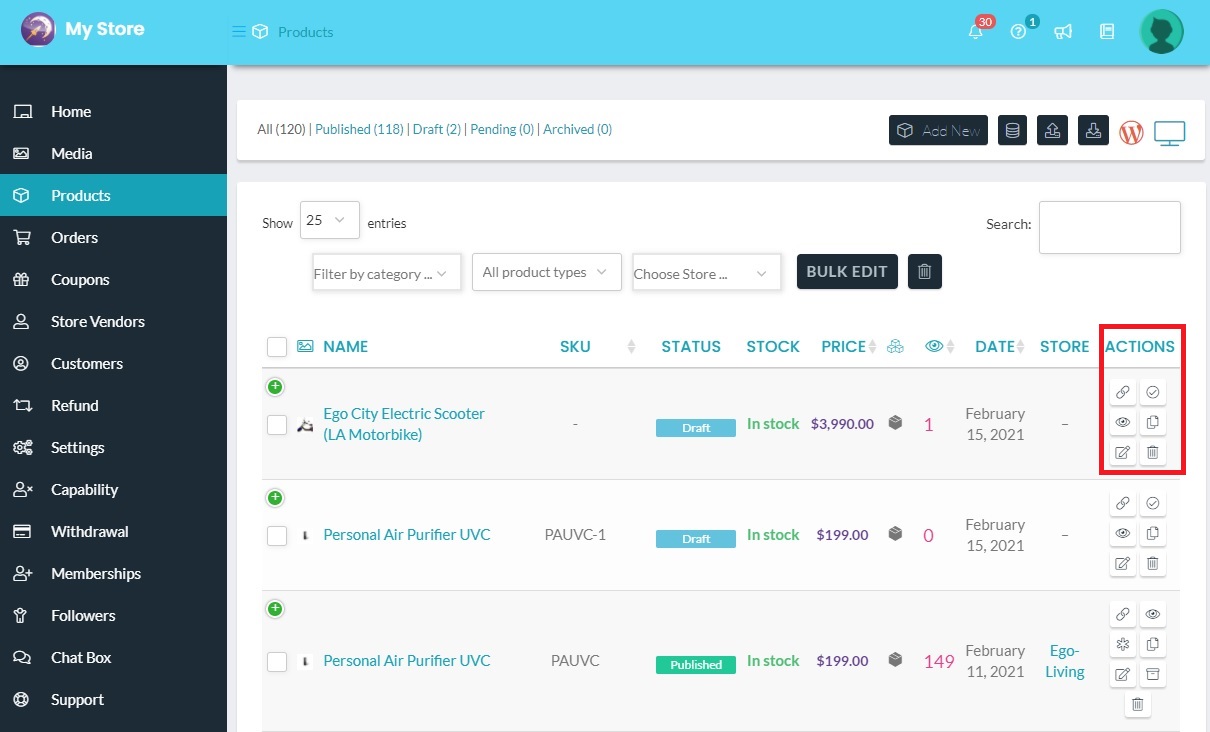 EziMoon Products Dashboard Actions