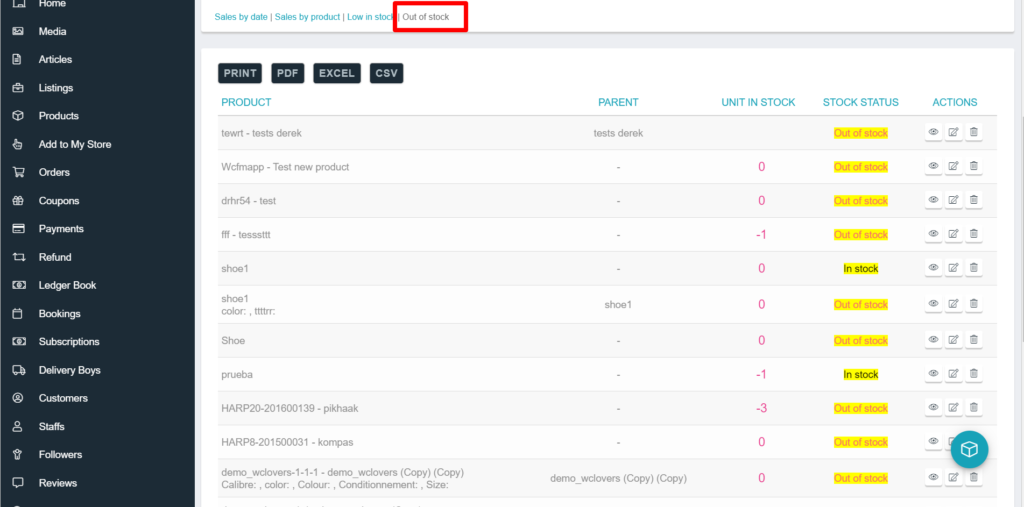 Out of Stock report